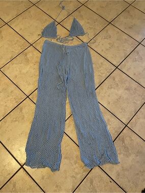 SHEIN Light Blue Crochet Wide-Leg Pants
